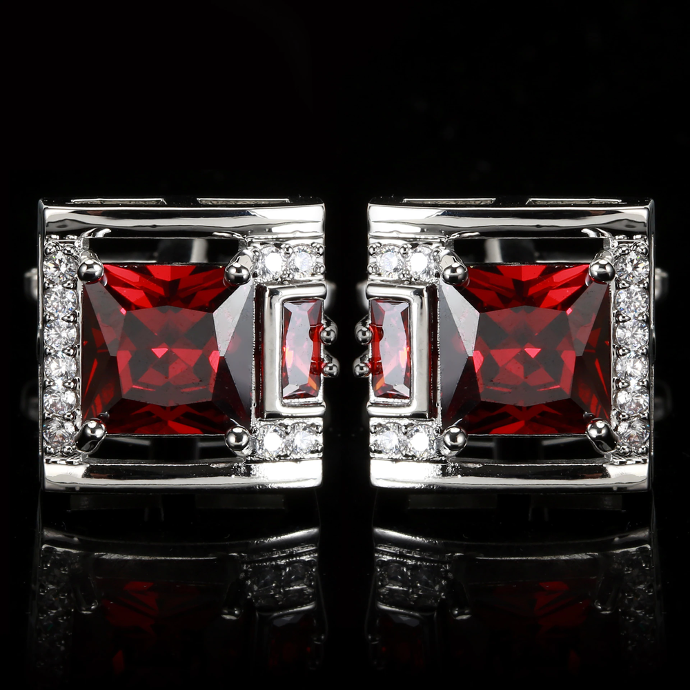 Chrome Square with Clear and Red Stones Cuffs||Chrome Square with Clear and Red Stone