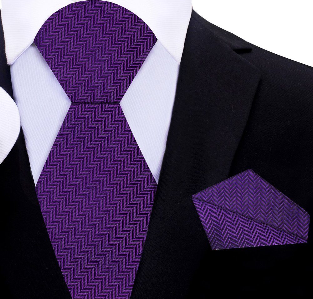 A Solid Dark Purple Pattern Silk Necktie, Matching Pocket Square||Purple