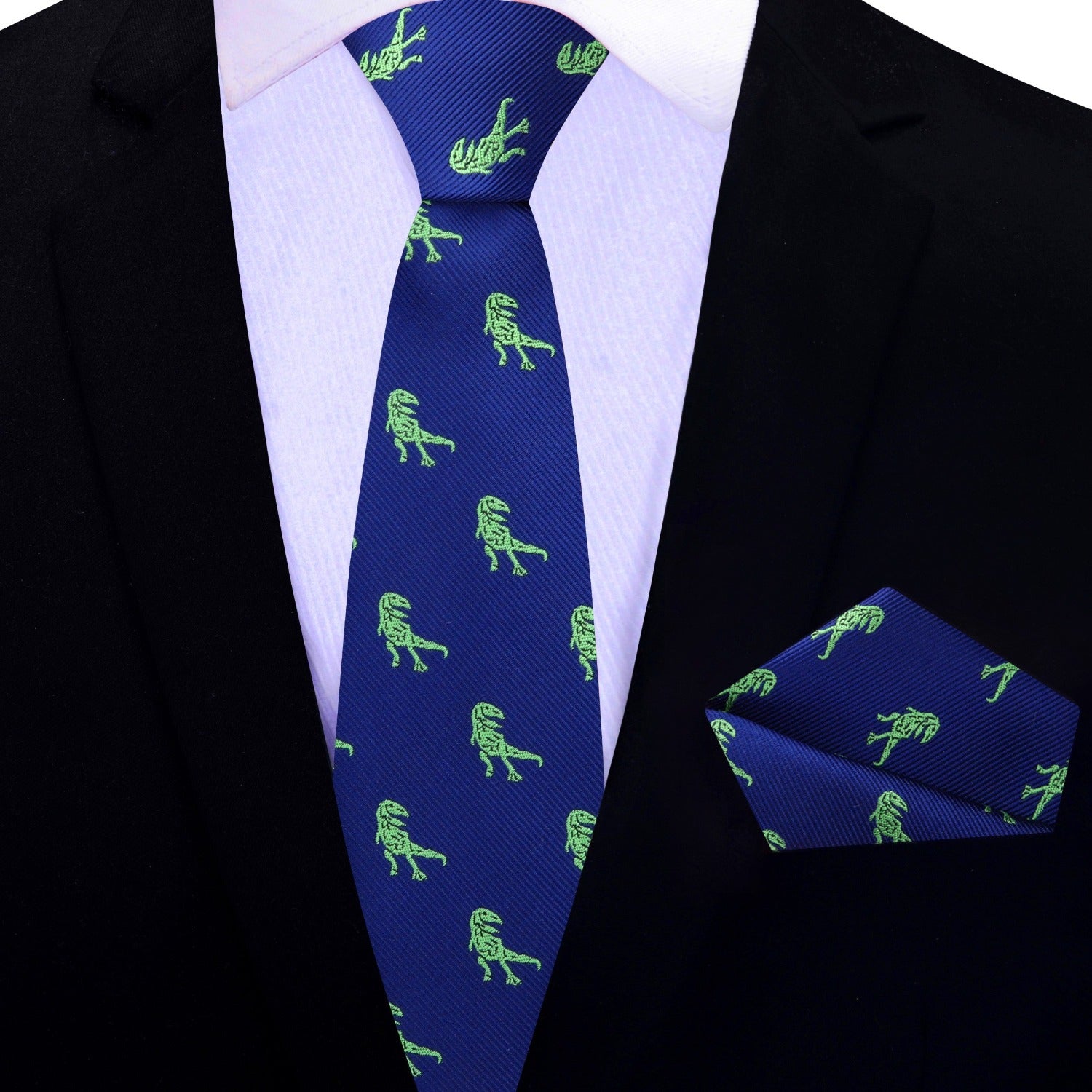 Blue, Green T Rex Thin Tie and Pocket Square