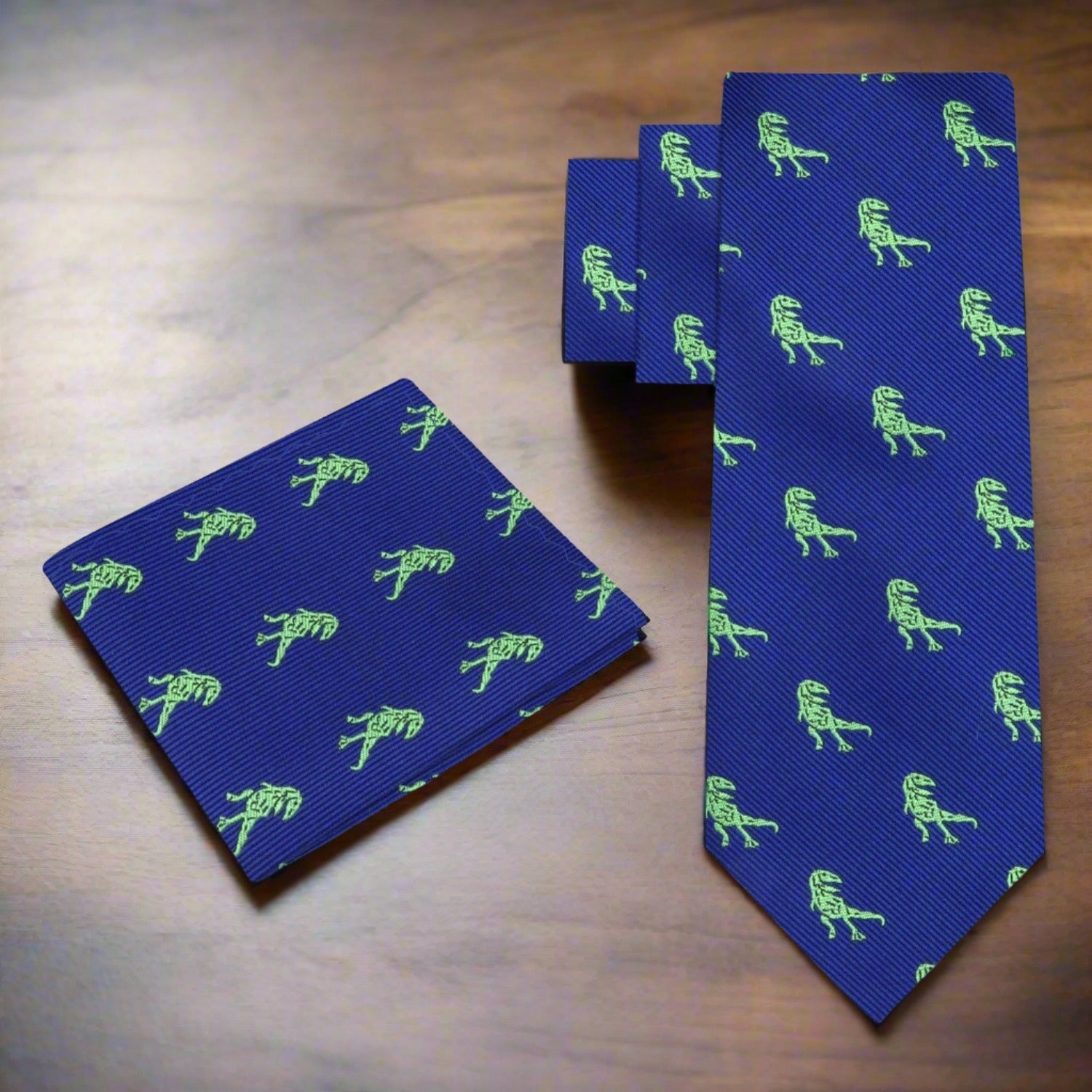 Blue, Green T Rex Tie and Pocket Square