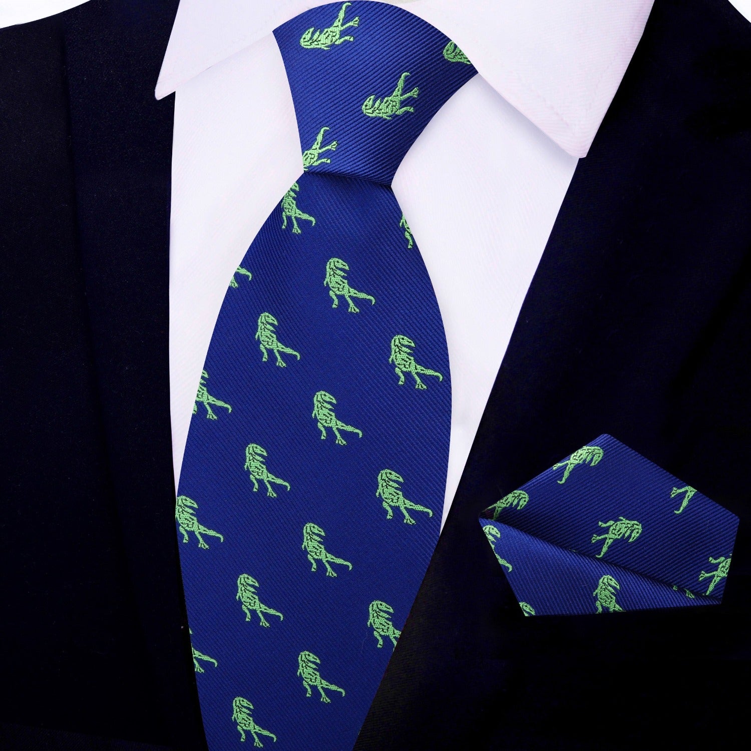 Blue and Green T Rex Tie and Pocket Square