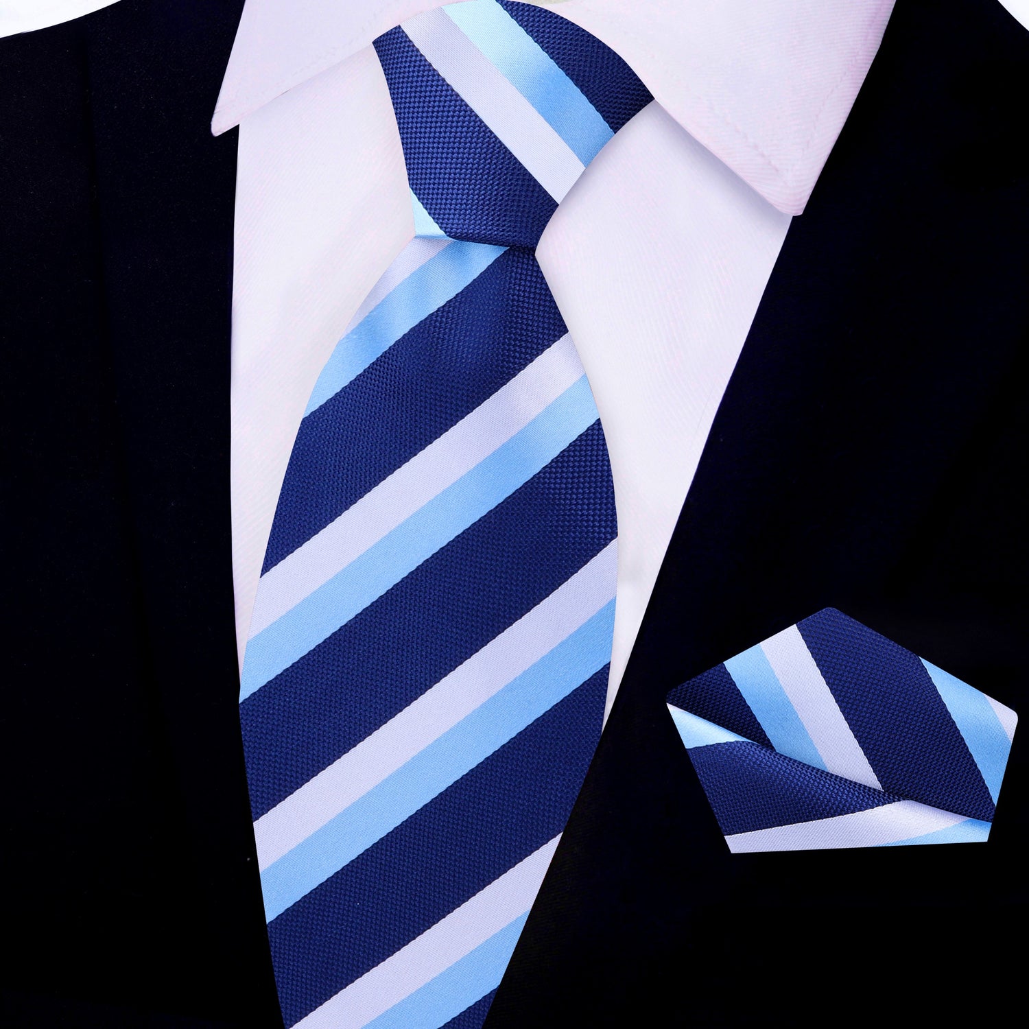 Blue, Light Blue, White Block Stipe Tie and Pocket Square