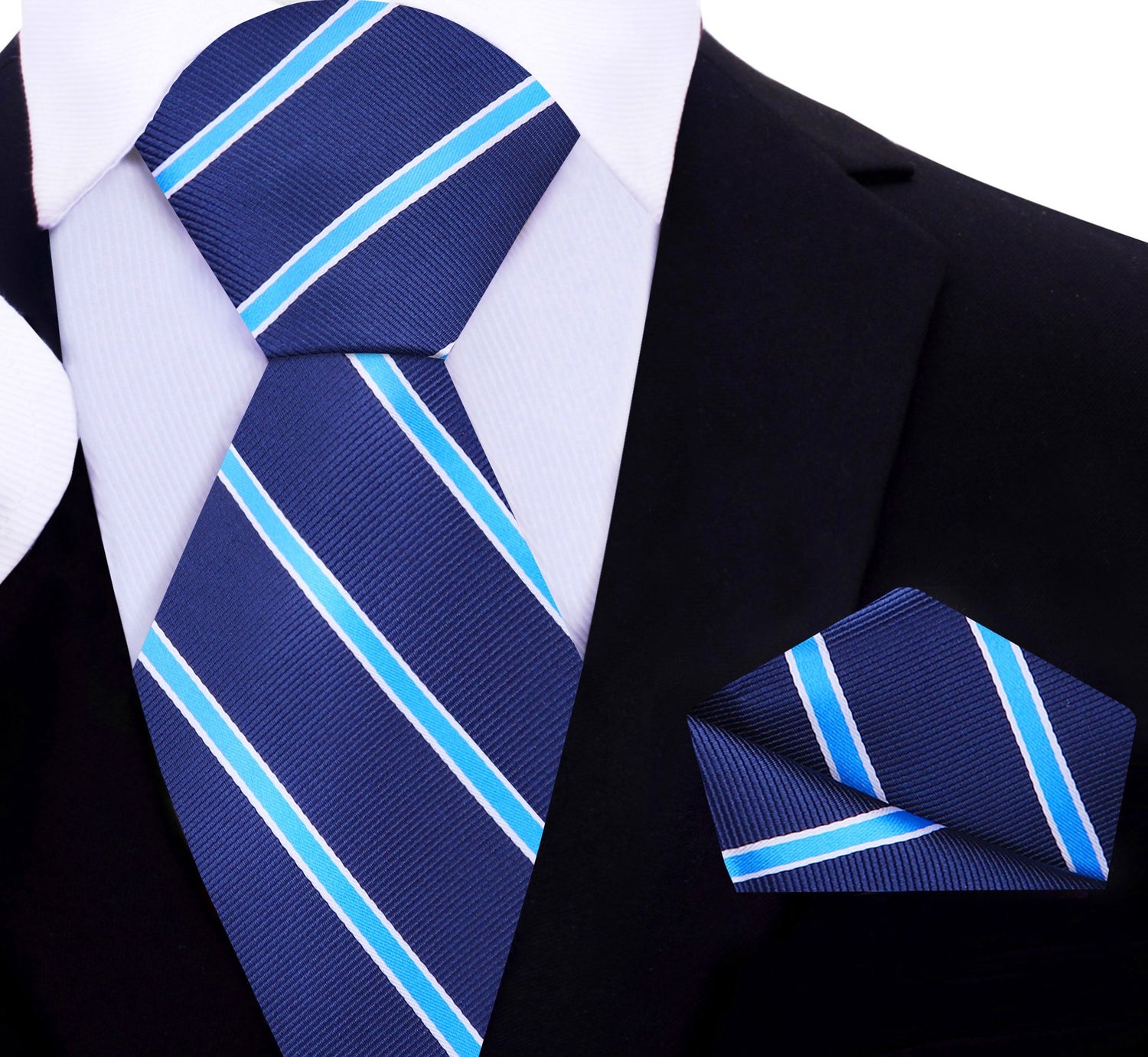 Coach PRIME Deion Sanders Dark Blue, Light Blue Stripe Tie and Pocket Square