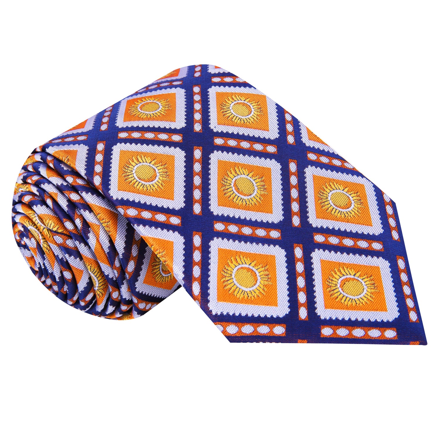  A Dark Blue, Orange Sunburst Design Silk Tie