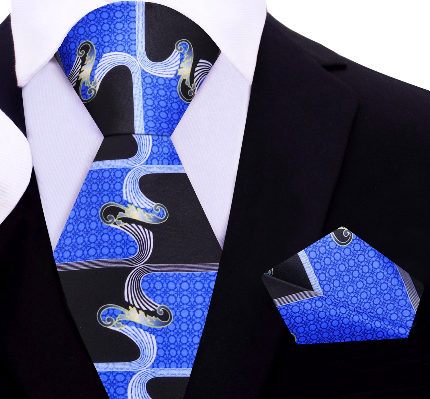 A Black, Blue, Yellow Gold Color Abstract Pattern Silk Tie, Pocket Square