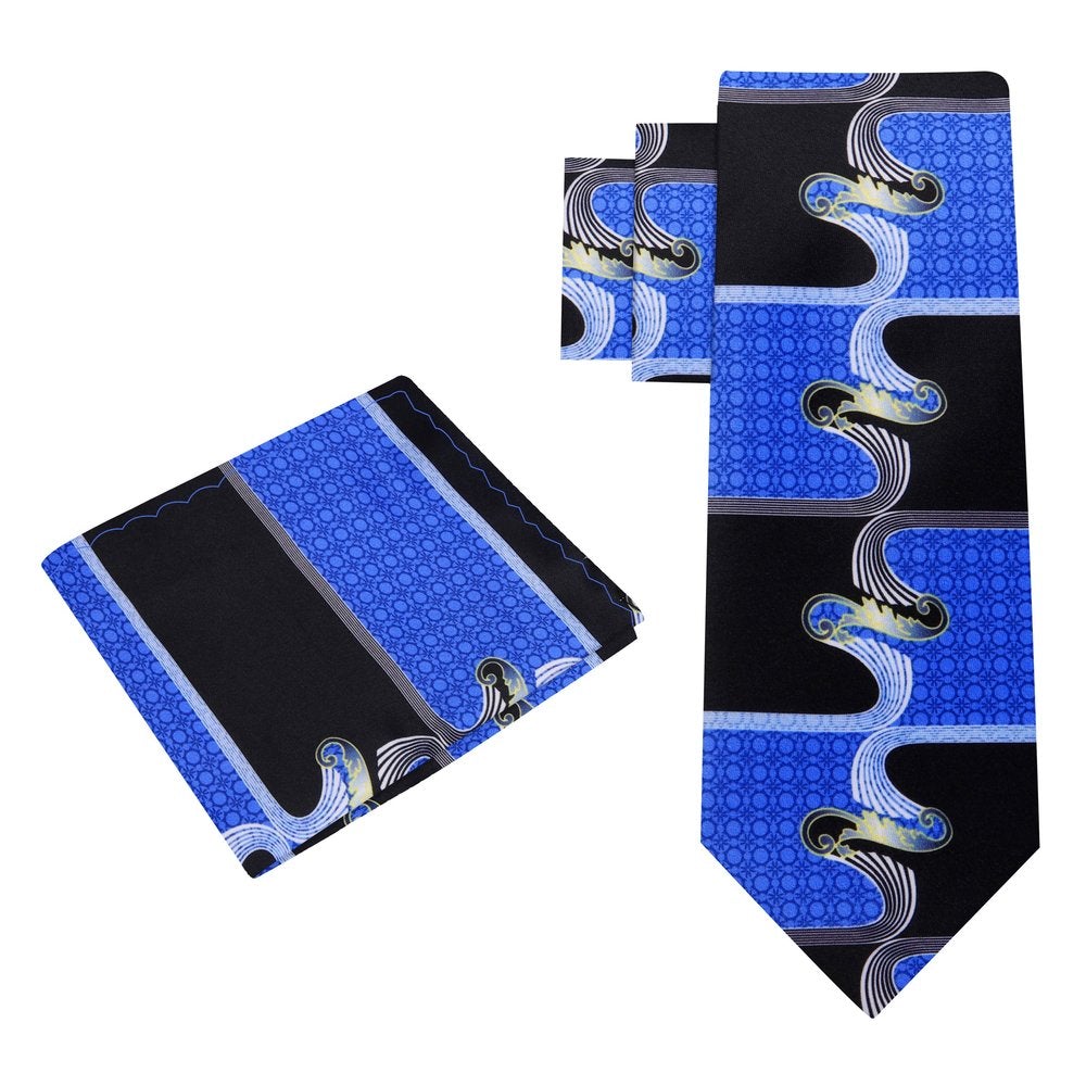 View 2: A Black, Blue, Yellow Gold Color Abstract Pattern Silk Tie, Pocket Square