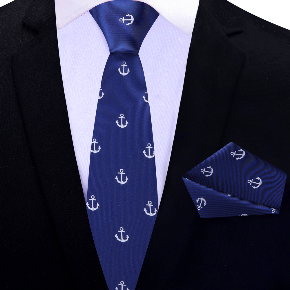 Blue, White Anchor Thin Tie and Square