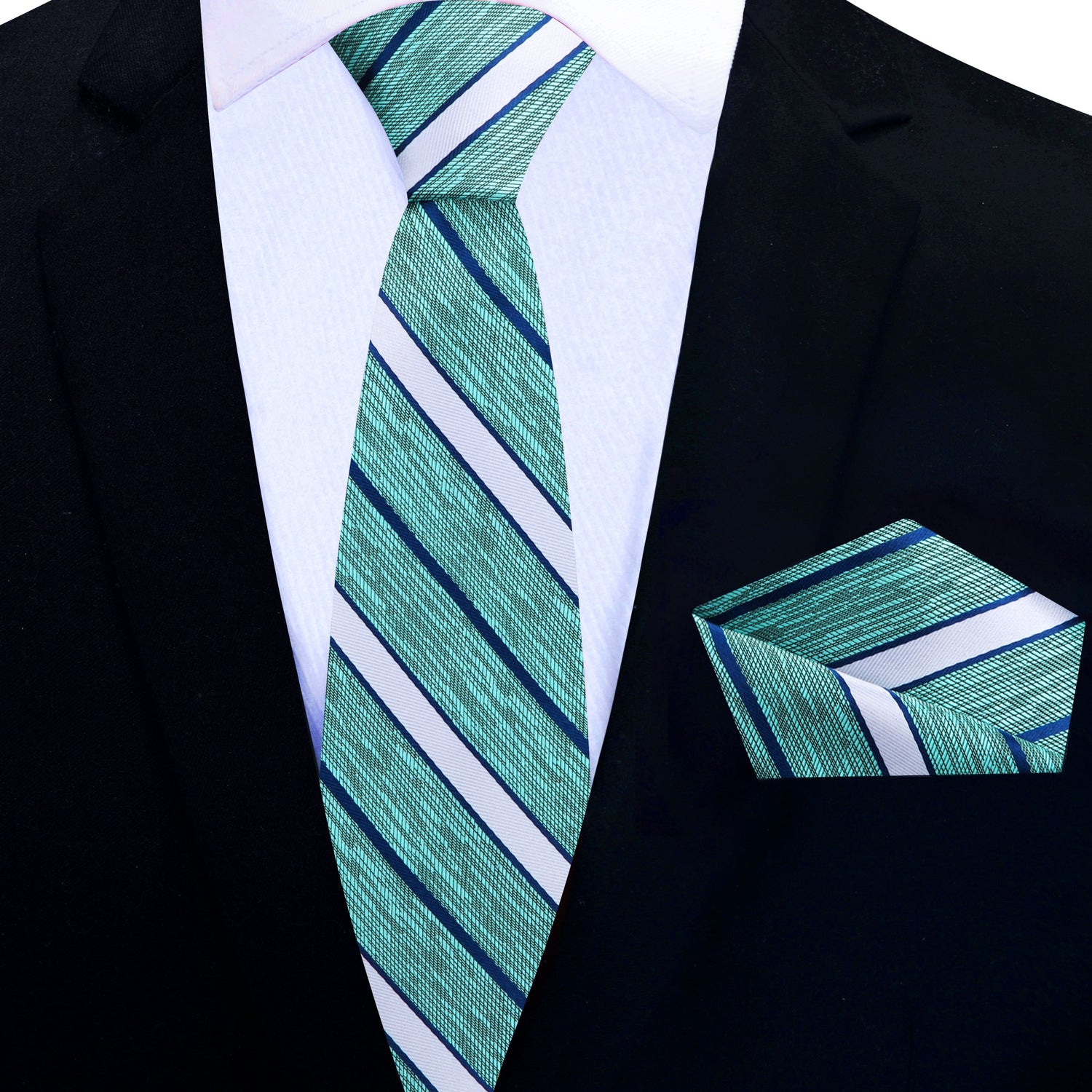 Thin Tie View: Deion PRIME TIME Sanders Green, Blue Stripe Tie and Pocket Square
