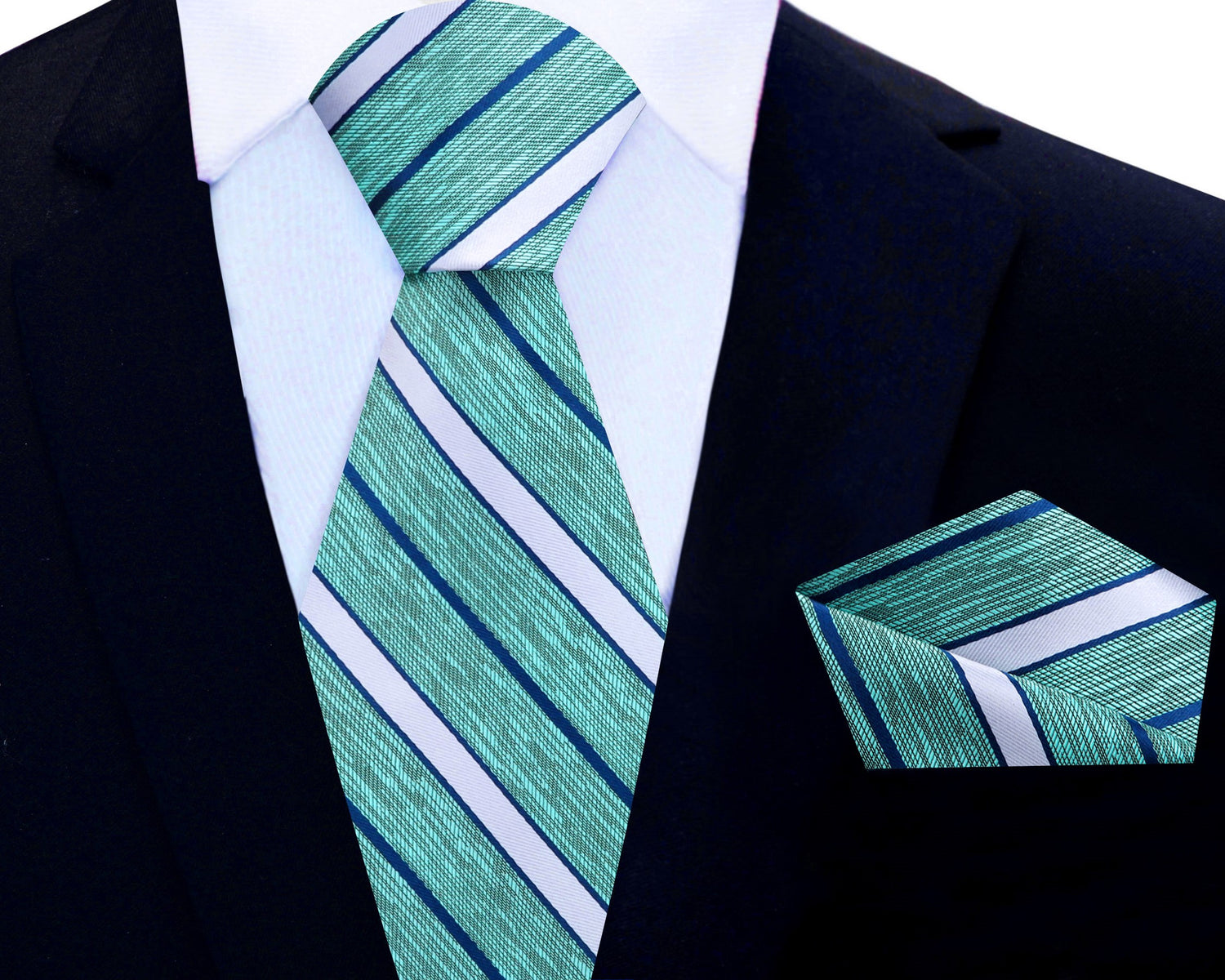 View 2: Deion PRIME TIME Sanders Green, Blue Stripe Tie and Pocket Square