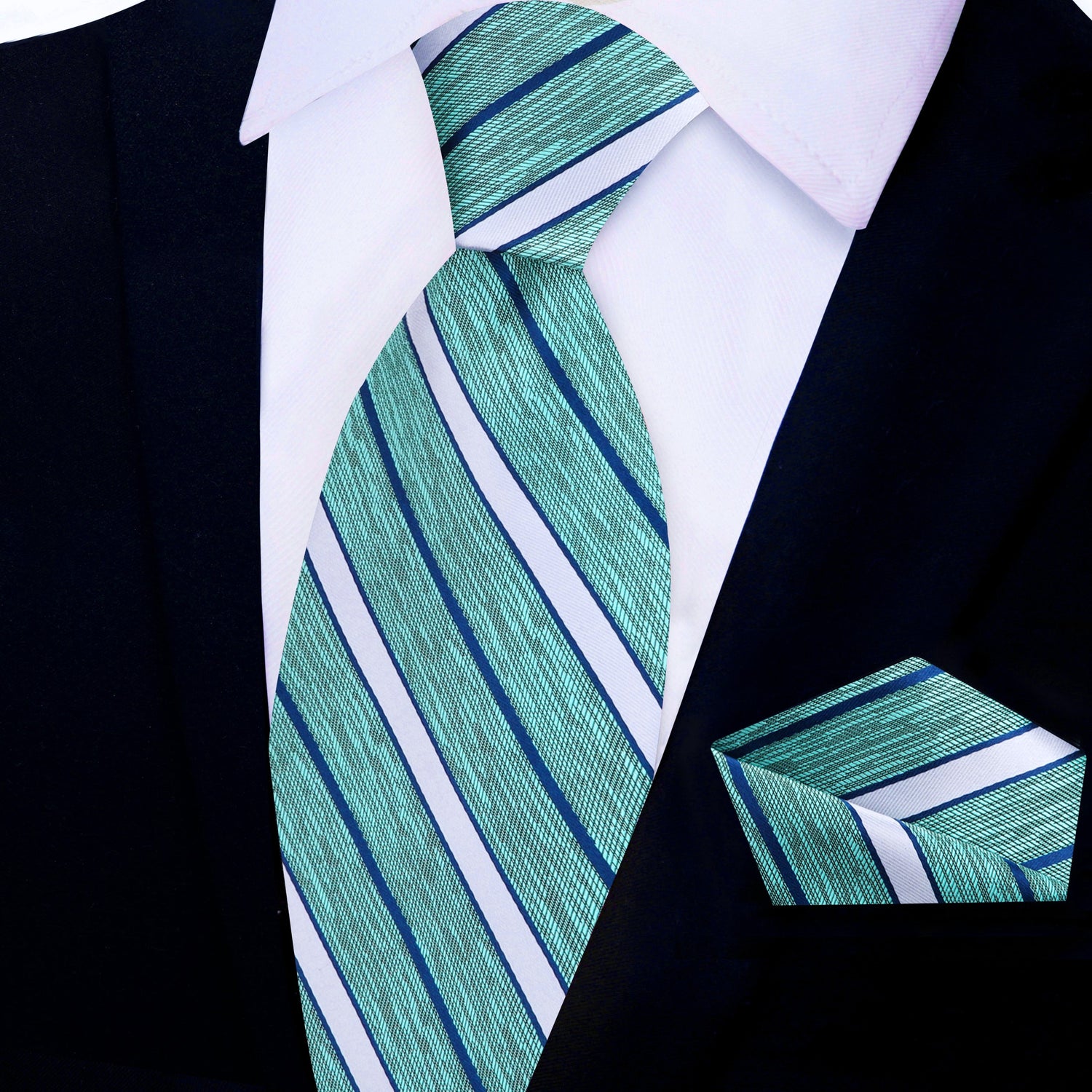 Deion PRIME TIME Sanders Green, Blue Stripe Tie and Pocket Square