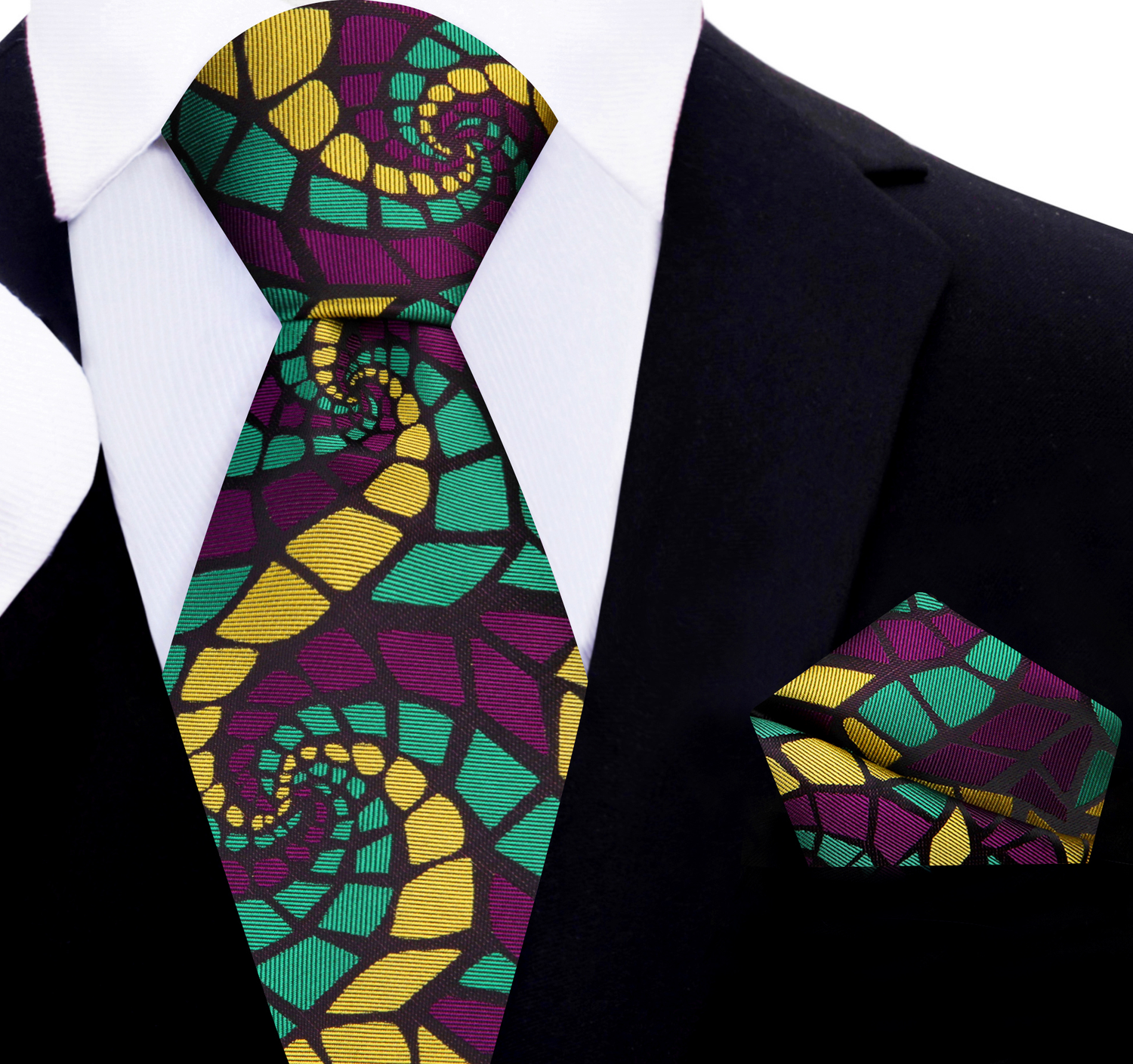 A Purple, Green, Gold Abstract Swirl Tie, Pocket Square