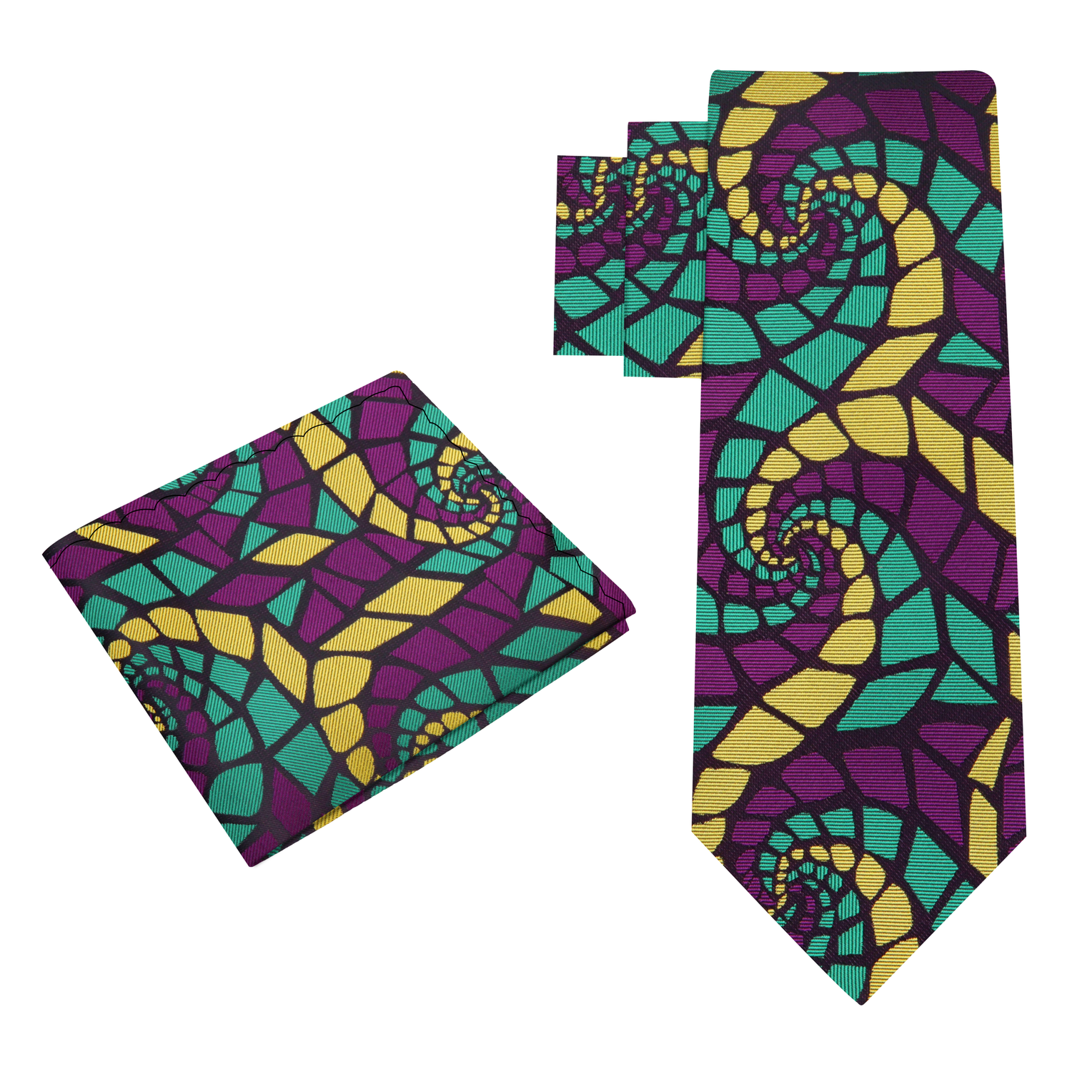 View 2: A Purple, Green, Gold Abstract Swirl Tie, Pocket Square