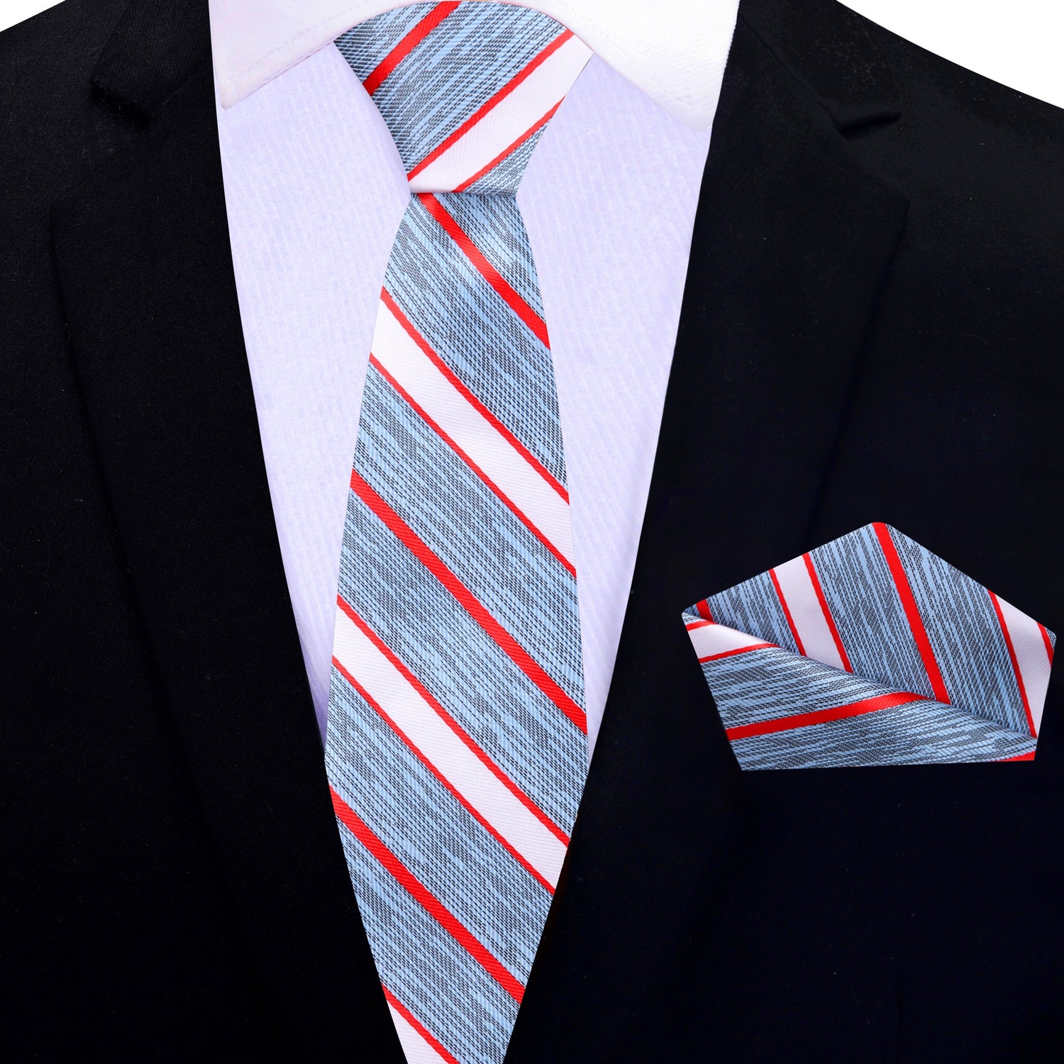 Thin Tie View: Deion PRIME TIME Sanders Blue, Red Stripe Tie and Pocket Square