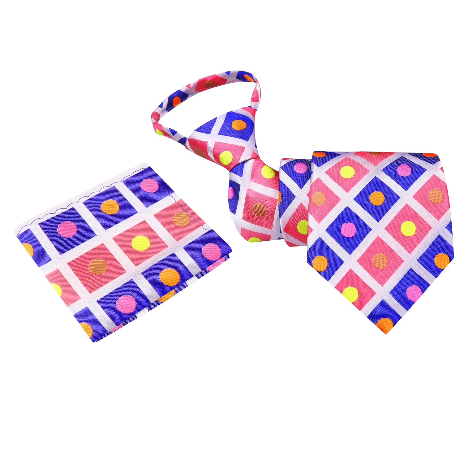 A Bright Pink, Purple, Yellow Geometric Silk Zipper Necktie, Pocket Square