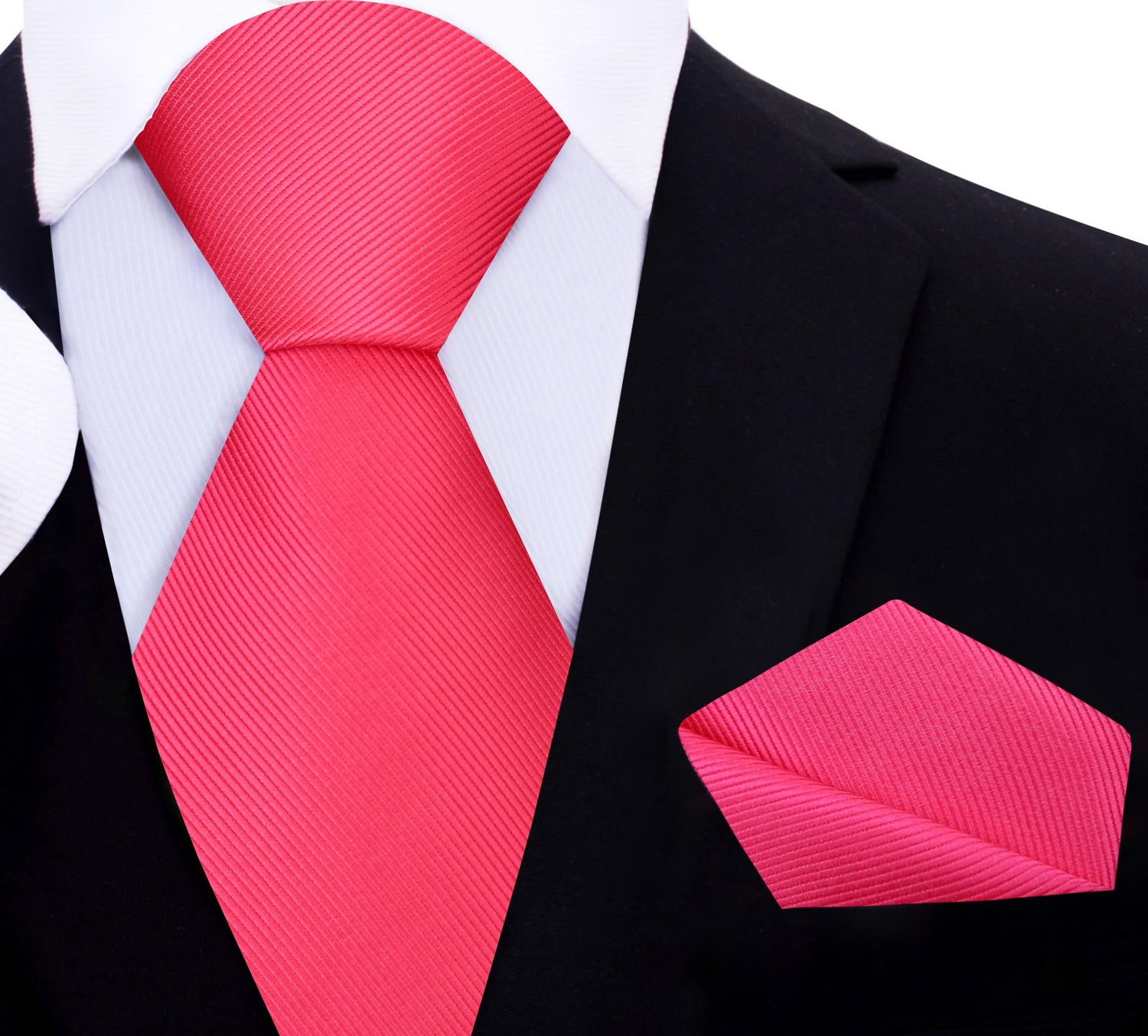 A Solid bright pink Color With Lined Texture Silk Necktie, Matching Pocket Square