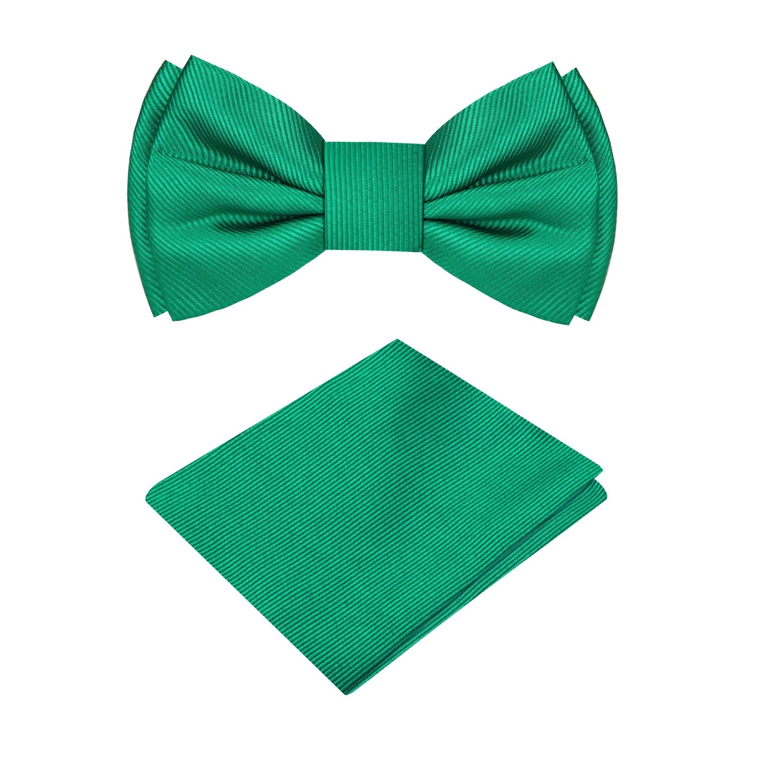 A Green Solid Pattern Silk Self Tie Bow Tie, Matching Pocket Square