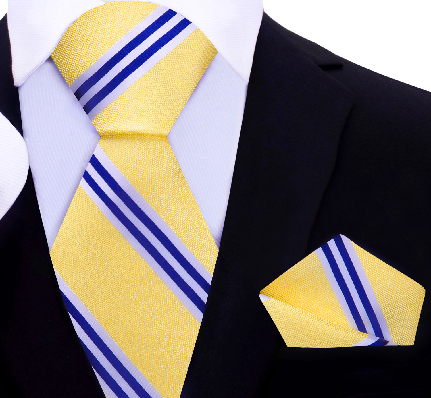 A Light Yellow with White and Dark Blue Stripe Silk Necktie