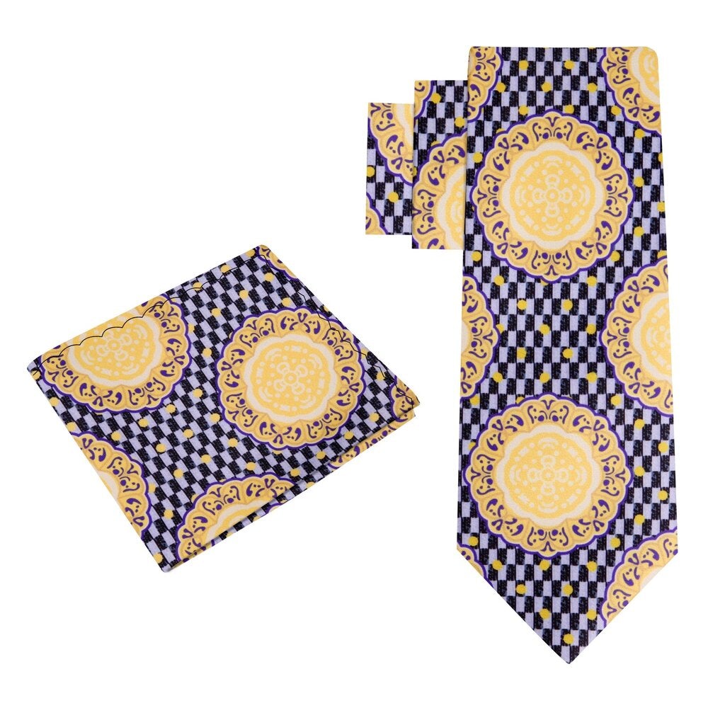 View 2 A Yellow Medallion, Purple, Black, Light Grey Color Abstract Pattern Silk Necktie, Pocket Square