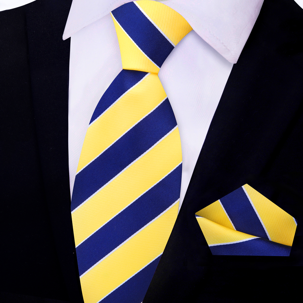 Yellow, Blue block stripe tie and square