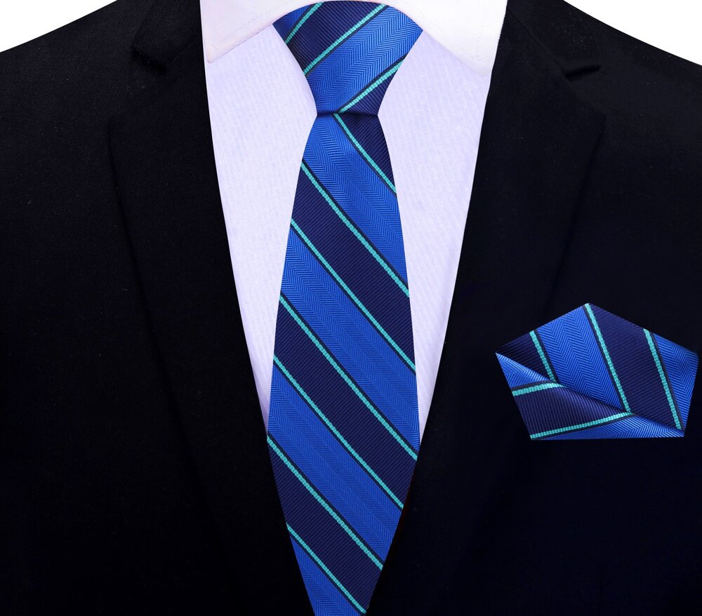 Thin Tie View: Green, Blue Stripe Thin Tie and Pocket Square||Blue, Green