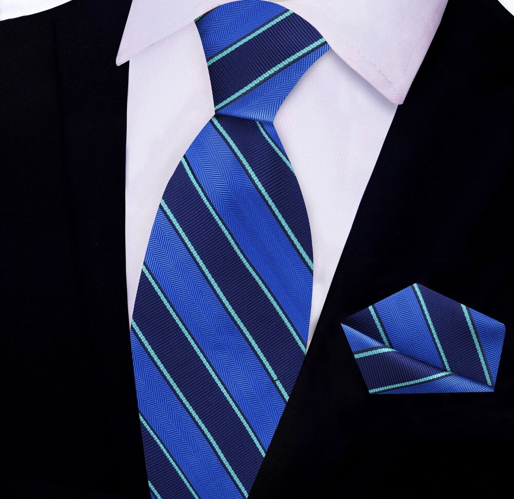Green, Blue Stripe Thin Tie and Pocket Square||Blue, Green