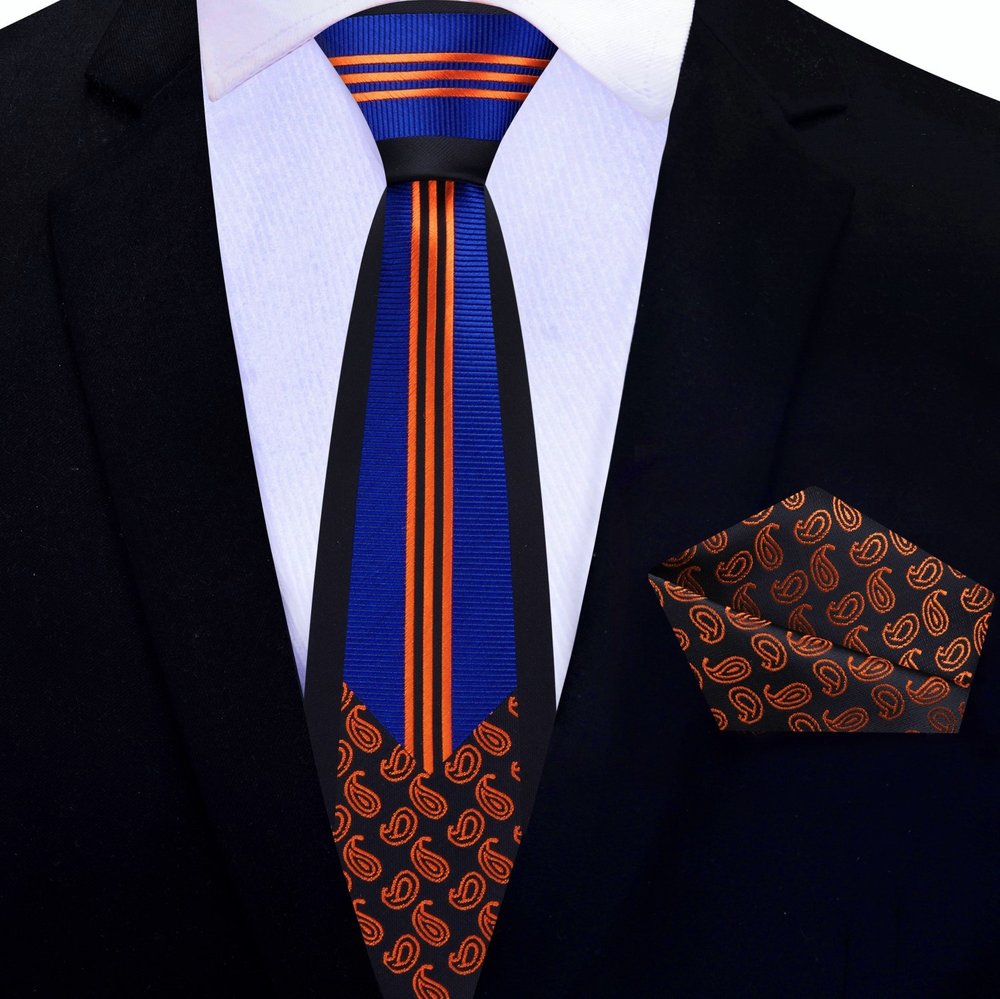 Thin Tie View: Blue, Orange, Black Lines with Paisleys Tie and Square||Blue, Orange