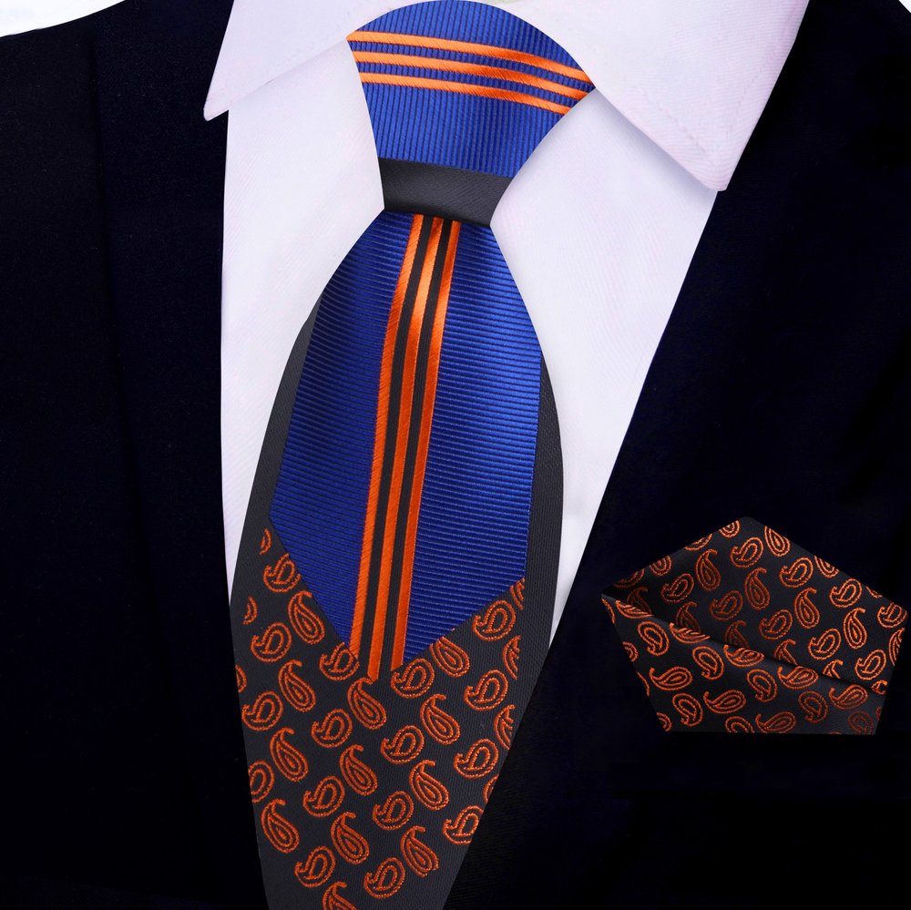 Blue, Orange, Black Lines with Paisleys Tie and Square||Blue, Orange