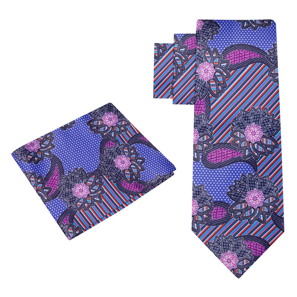 View 2: A Purple, Blue, Pink, Red, Black Color Abstract Paisley Pattern Silk Necktie, Pocket Square