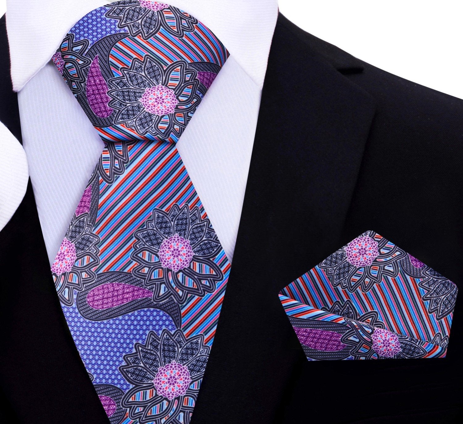 Main View:  A Purple, Blue, Pink, Red, Black Color Abstract Paisley Pattern Silk Necktie, Pocket Square
