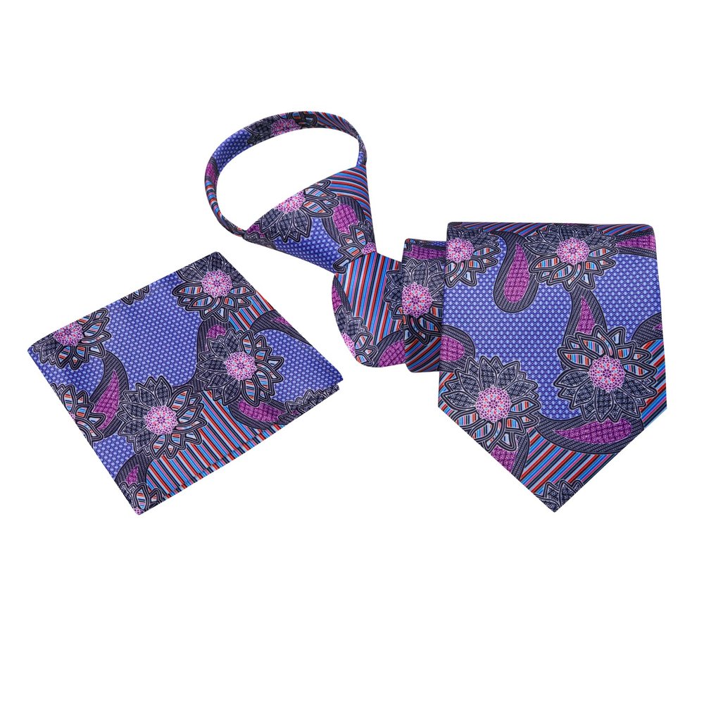 Zipper Tie: A Purple, Blue, Pink, Red, Black Color Abstract Paisley Pattern Silk Necktie, Pocket Square