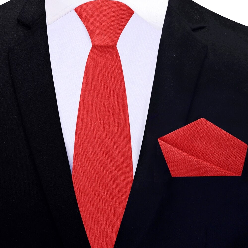 Bright Red Linen Thin Tie and Pocket Square