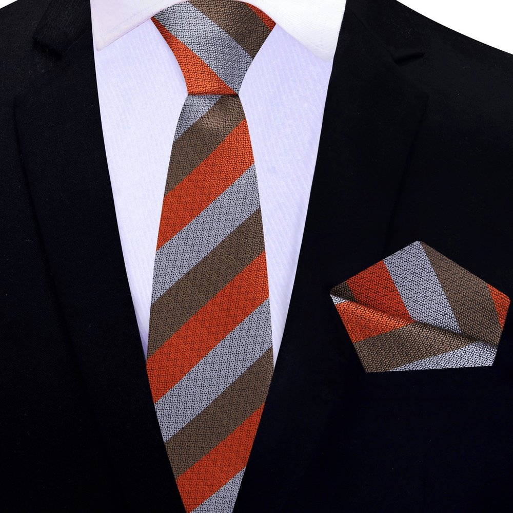 Red, Grey, Brown Stripe Thin Tie and Pocket Square