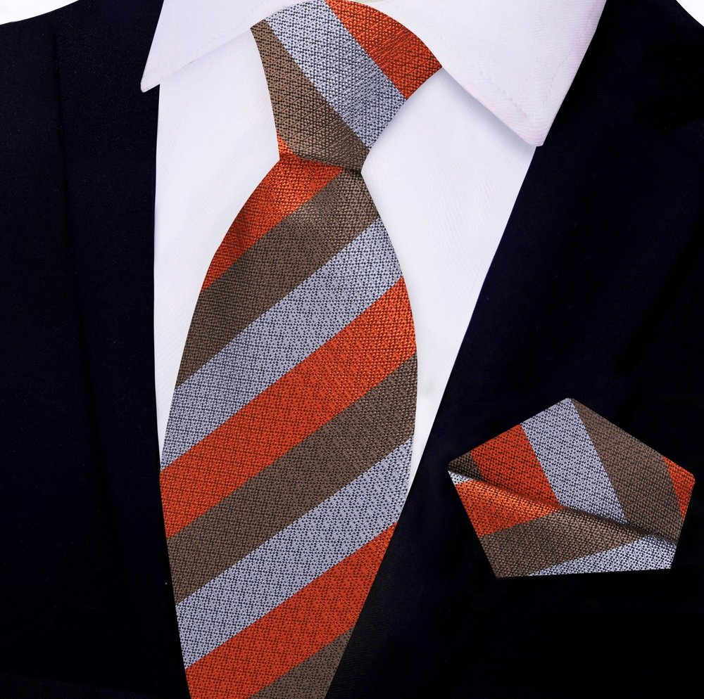 Red, Grey, Brown Stripe Tie and Pocket Square