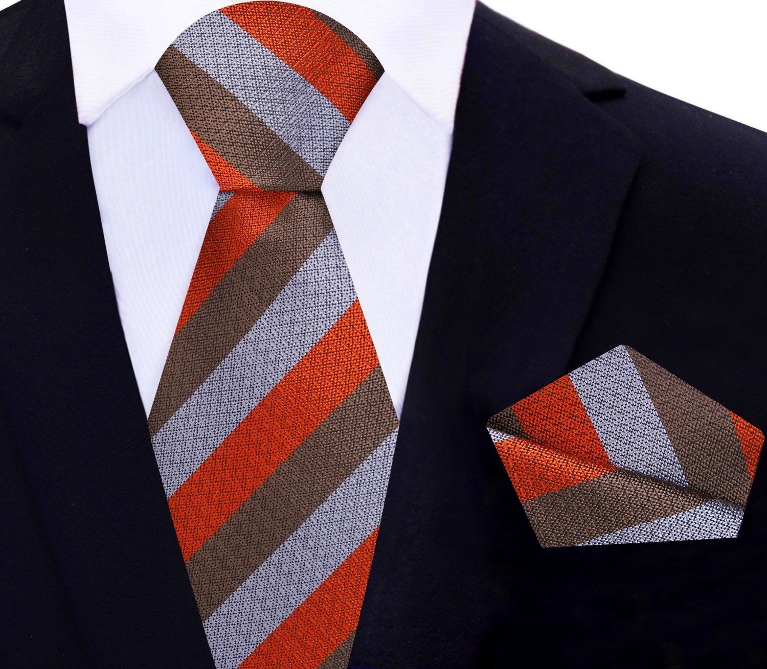 Main:Red, Grey, Brown Stripe Tie and Pocket Square