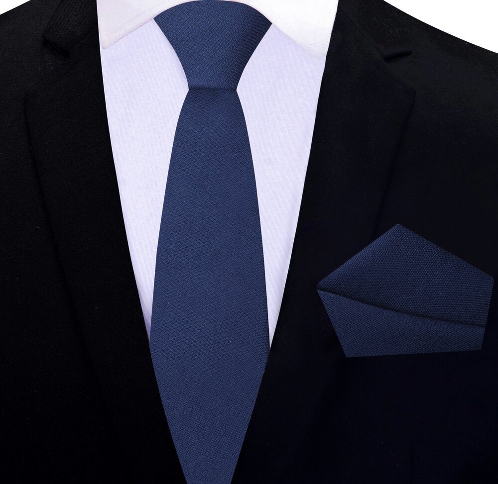Dark Blue Linen Thin Tie and Pocket Square