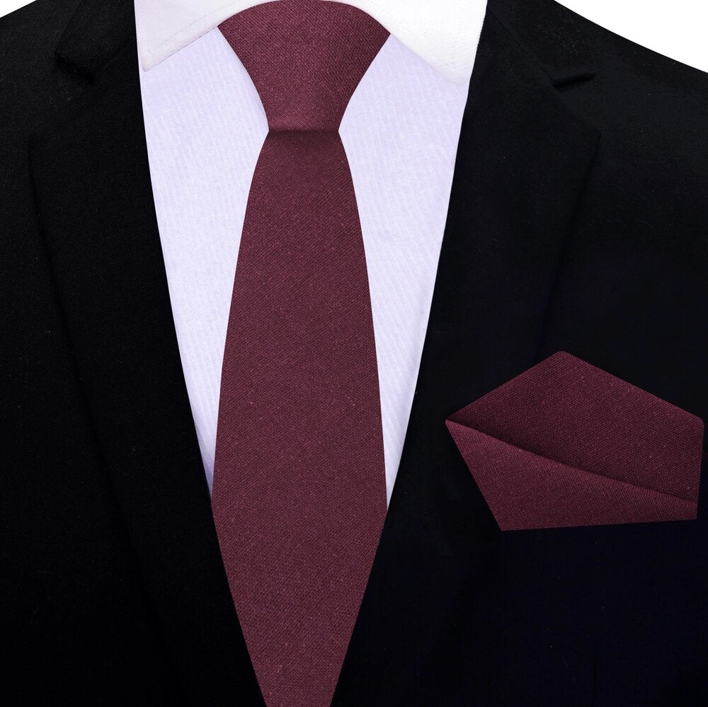 Deep Red Linen Thin Tie and Pocket Square