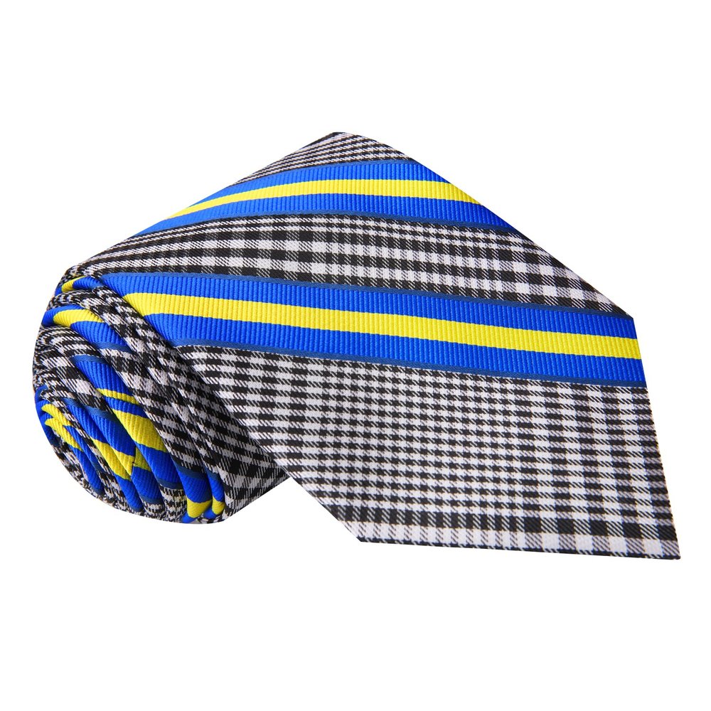 Black Plaid with Blue and Yellow Stripe Silk Necktie.