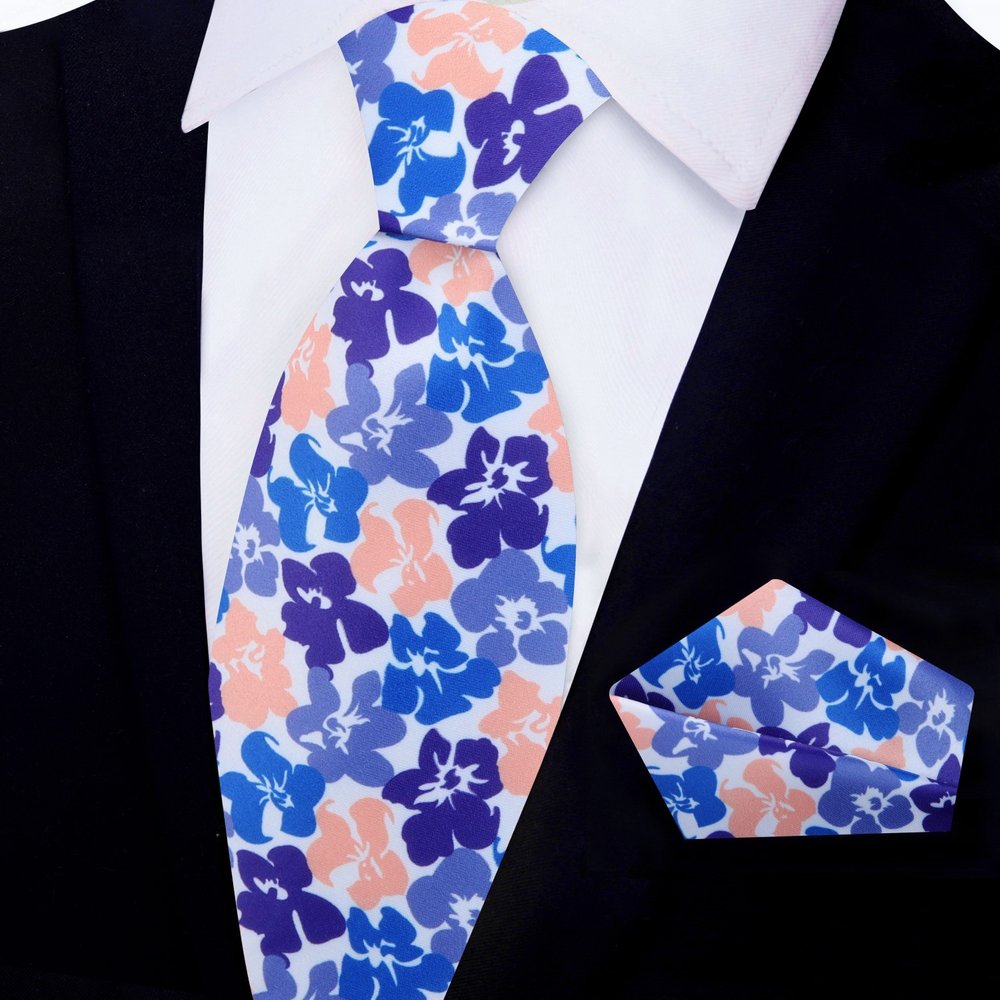 Green Yellow Hibiscus Flowers Tie and Square||Blue