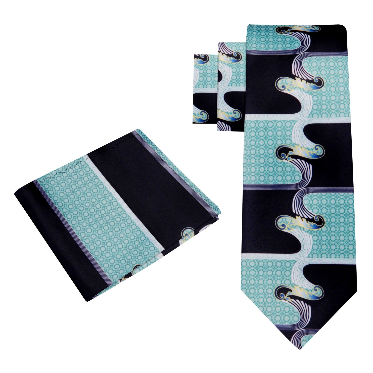 Alt View: Ice Black Abstract Waves Tie and Pocket Square