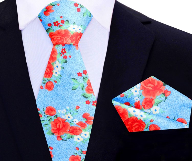 Main View: Coach PRIME Deion Sanders Light Blue, Red, Green Rose Bunches Tie and Pocket Square