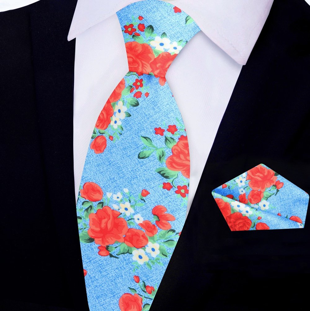 Coach PRIME Deion Sanders Light Blue, Red, Green Rose Bunches Tie and Pocket Square||Light Blue