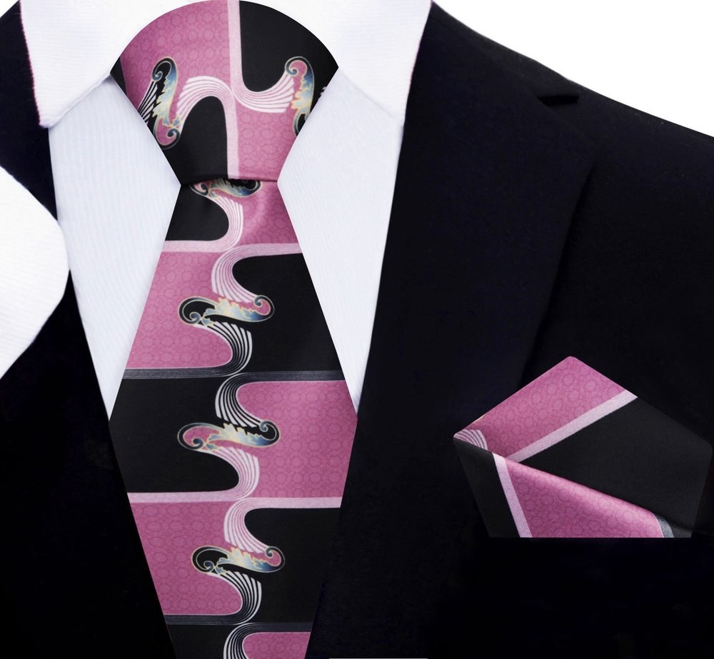 Ice Black Abstract Waves Tie and Pocket Square||Mauve