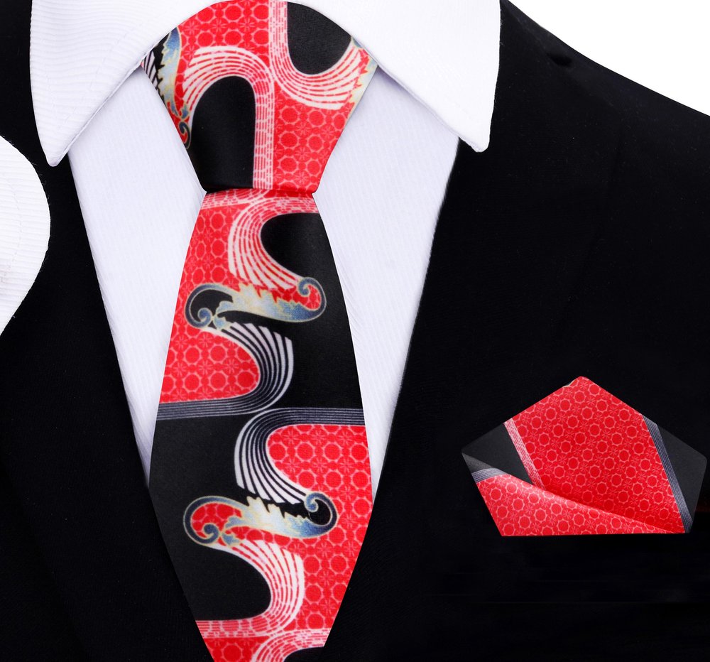 Red Black Abstract Thin Tie and Pocket Square