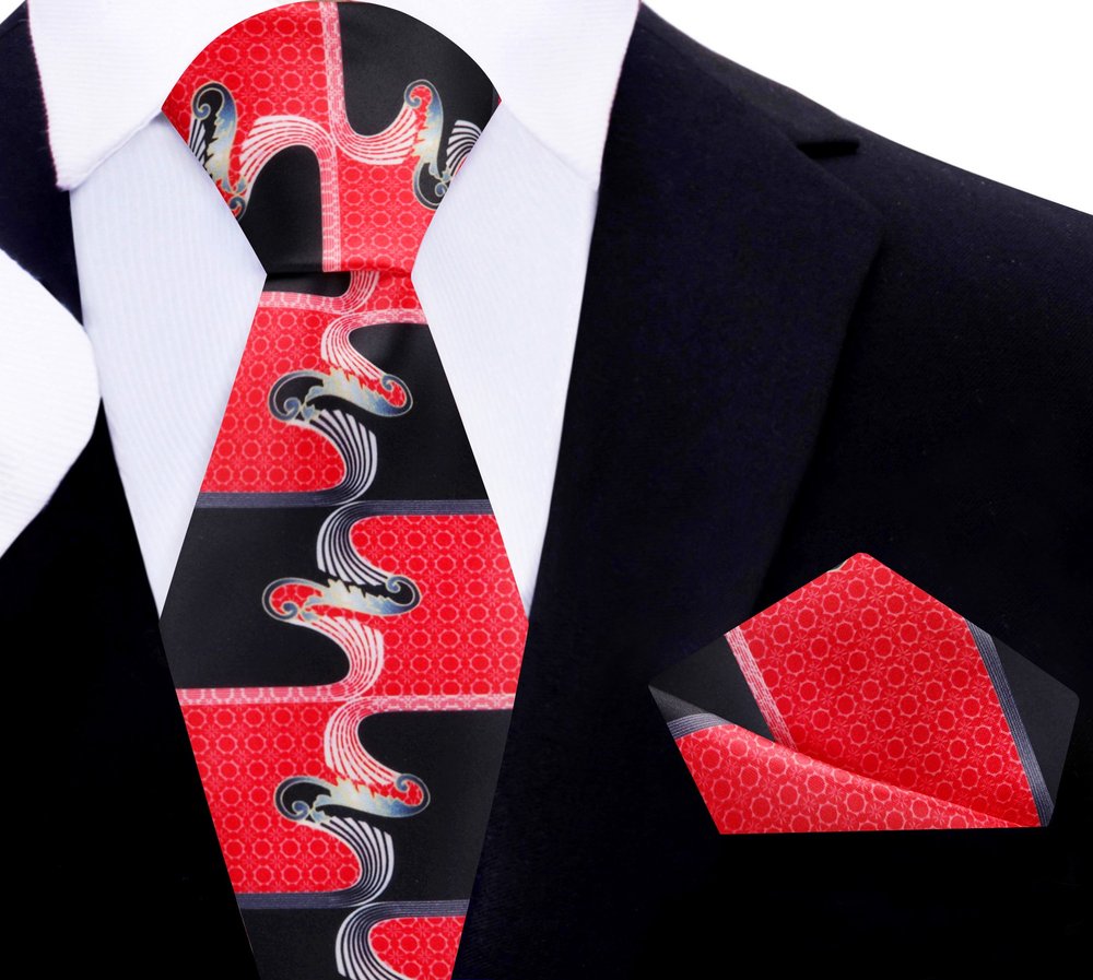 Red Black Abstract Tie and Pocket Square