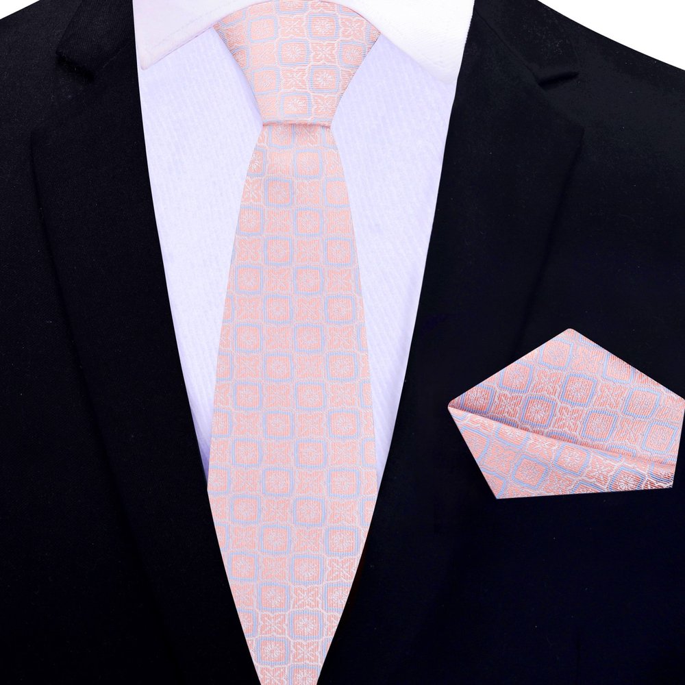 Peachy Pink and Blue Geometric Thin Tie and Square||Peach/Pink