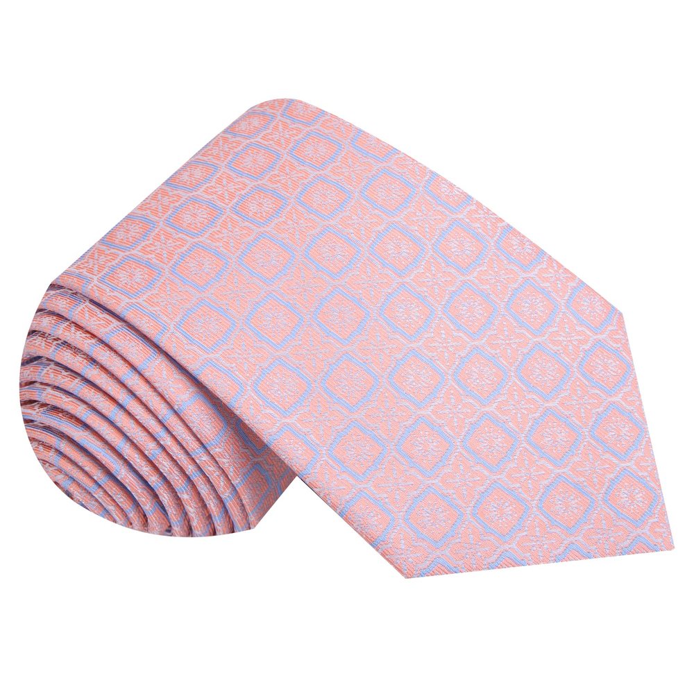 Peachy Pink and Blue Geometric Tie||Peach/Pink