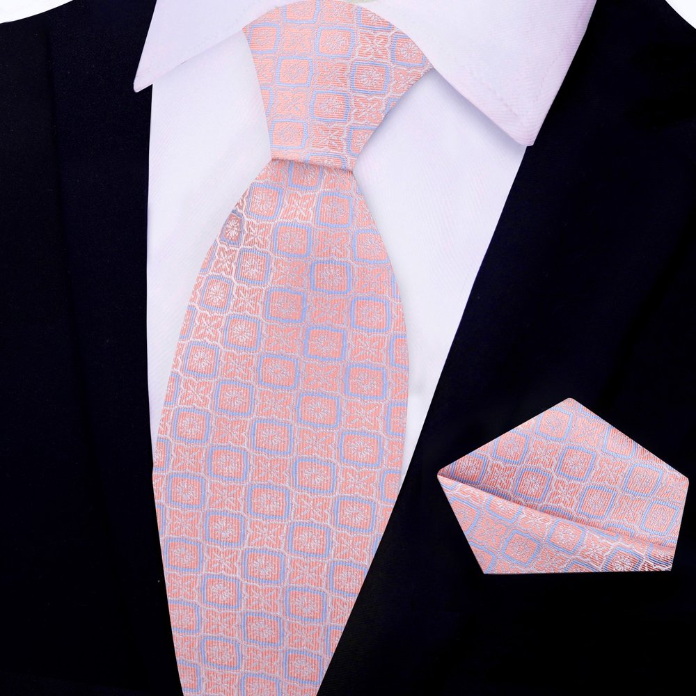 Peachy Pink and Blue Geometric Tie and Square||Peach/Pink