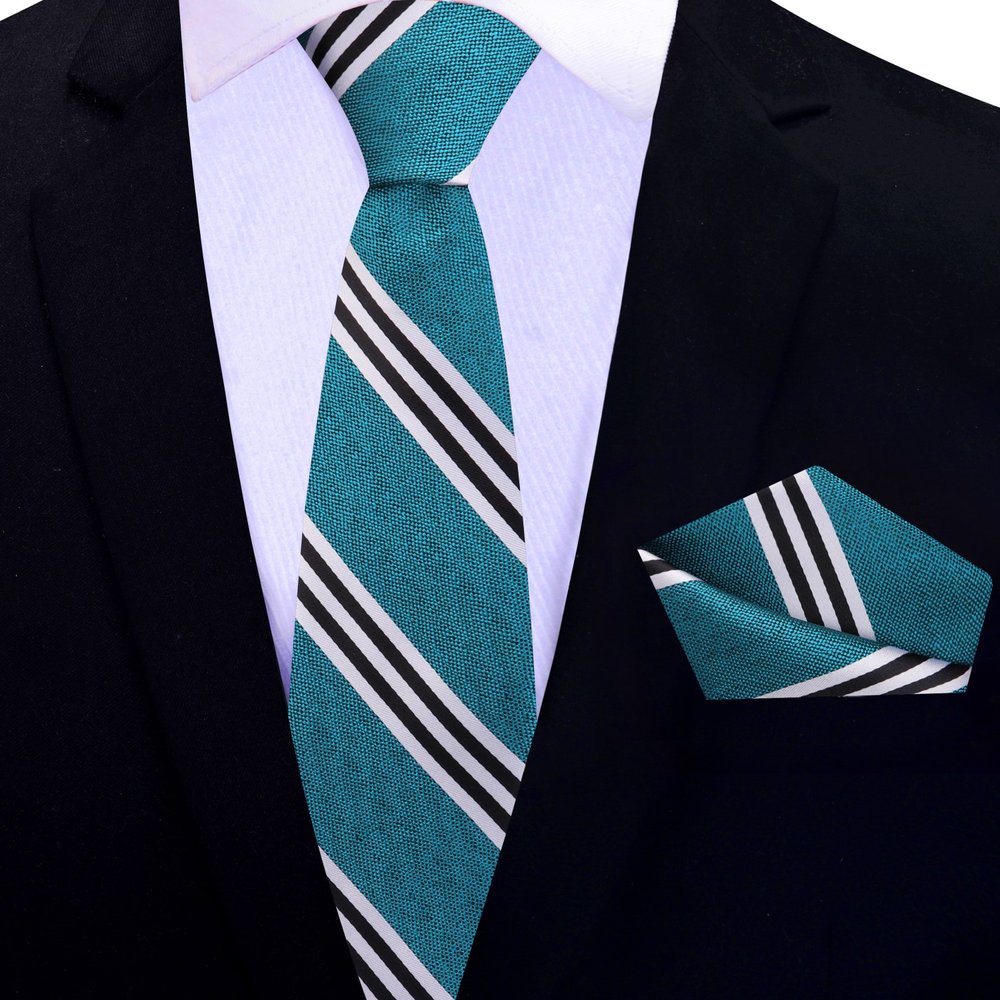 Teal, White, Black Stripe Thin Tie and Square||Teal