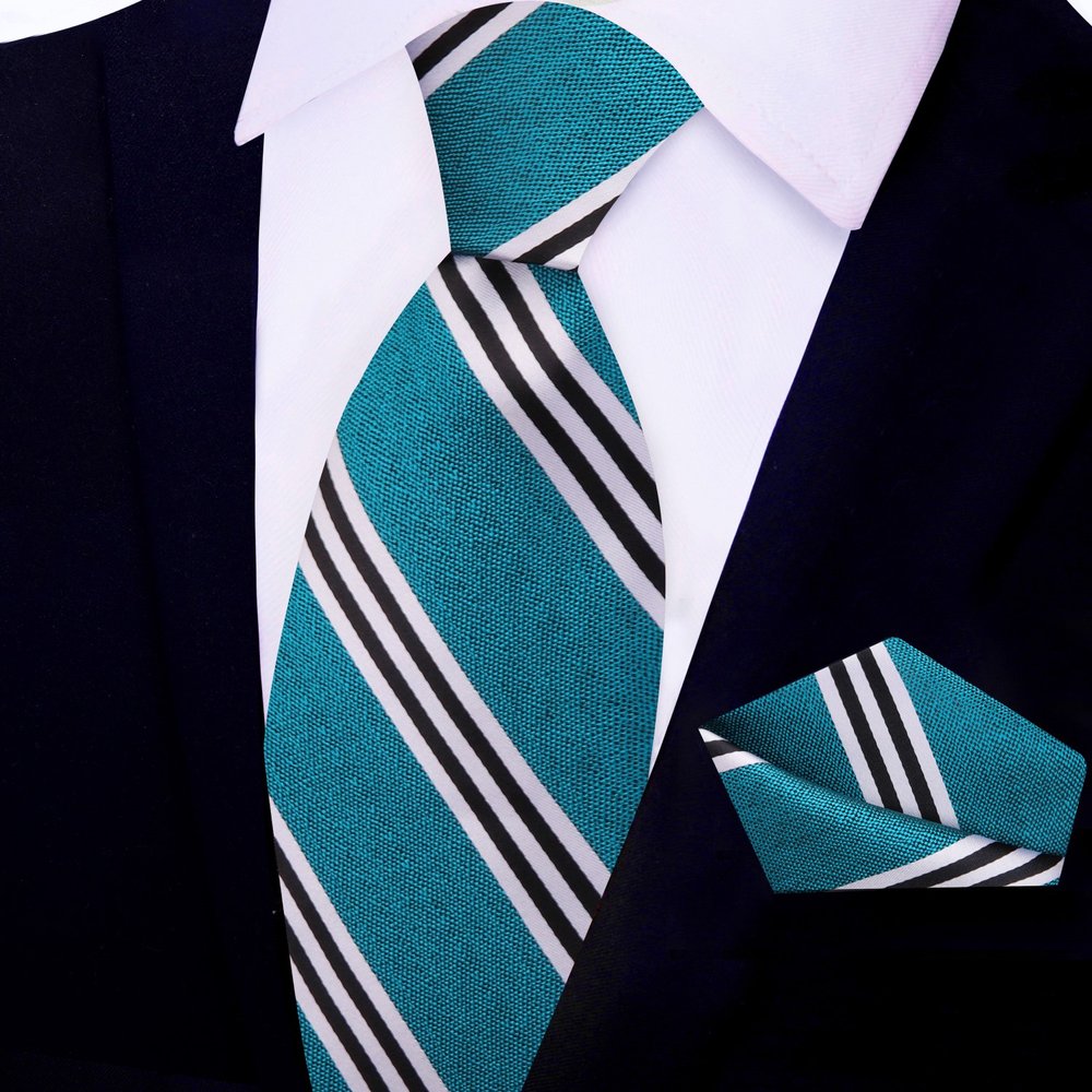 Teal, White, Black Stripe Tie and Square||Teal