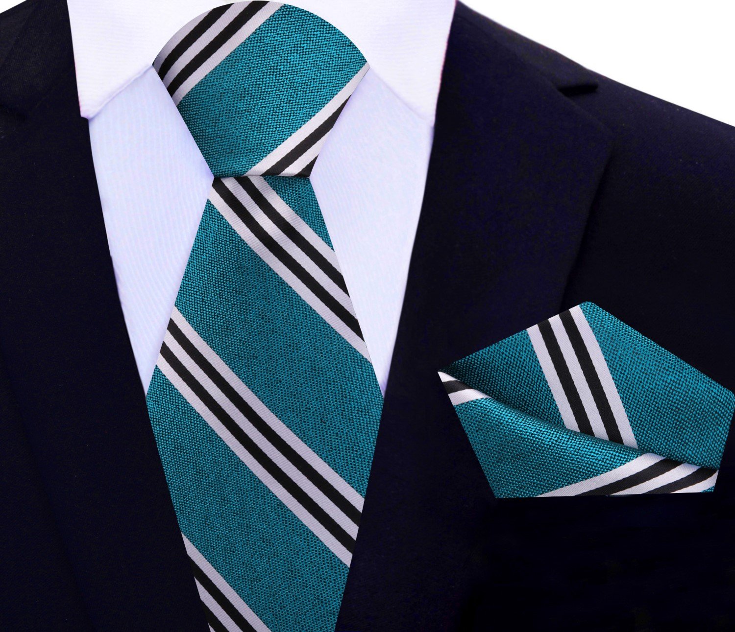 Main View: Teal, White, Black Stripe Tie and Square